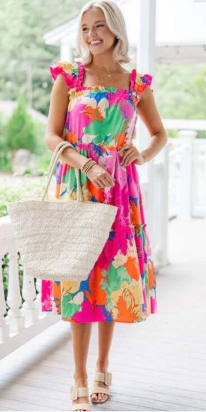 Umgee Pink Multi Floral Midi Dress with Ruffle Straps
